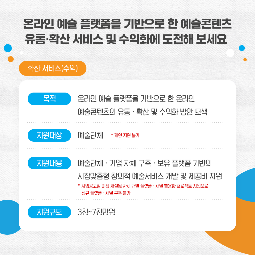 온라인 예술 플랫폼을 기반으로 한 예술콘텐츠 유통 및 확산 서비스와 수익화에 도전해 보세요. 확산 서비스(수익). 목적 온라인 예술 플랫폼을 기반으로 한 온라인 예술콘텐츠의 유통과 확산 및 수익화 방안 모색. 지원대상 예술단체*개인 지원 불가. 지원내용 예술단체, 기업 자체 구축, 보유 플랫폼 기반의 시장맞춤형 창의적 예술서비스 개발 및 제공비 지원*사업 공고일 이전 개설된 자체 개발 플랫폼 및 채널 활용한 프로젝트 지원으로 신규 플랫폼 및 채널 구축 불가). 지원규모 3천~7천만원